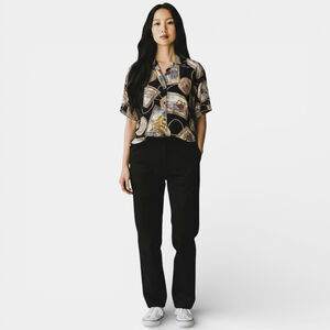 Como Black Nautical Theme Button Up Short Sleeves Collared Shirt Women Sz 6